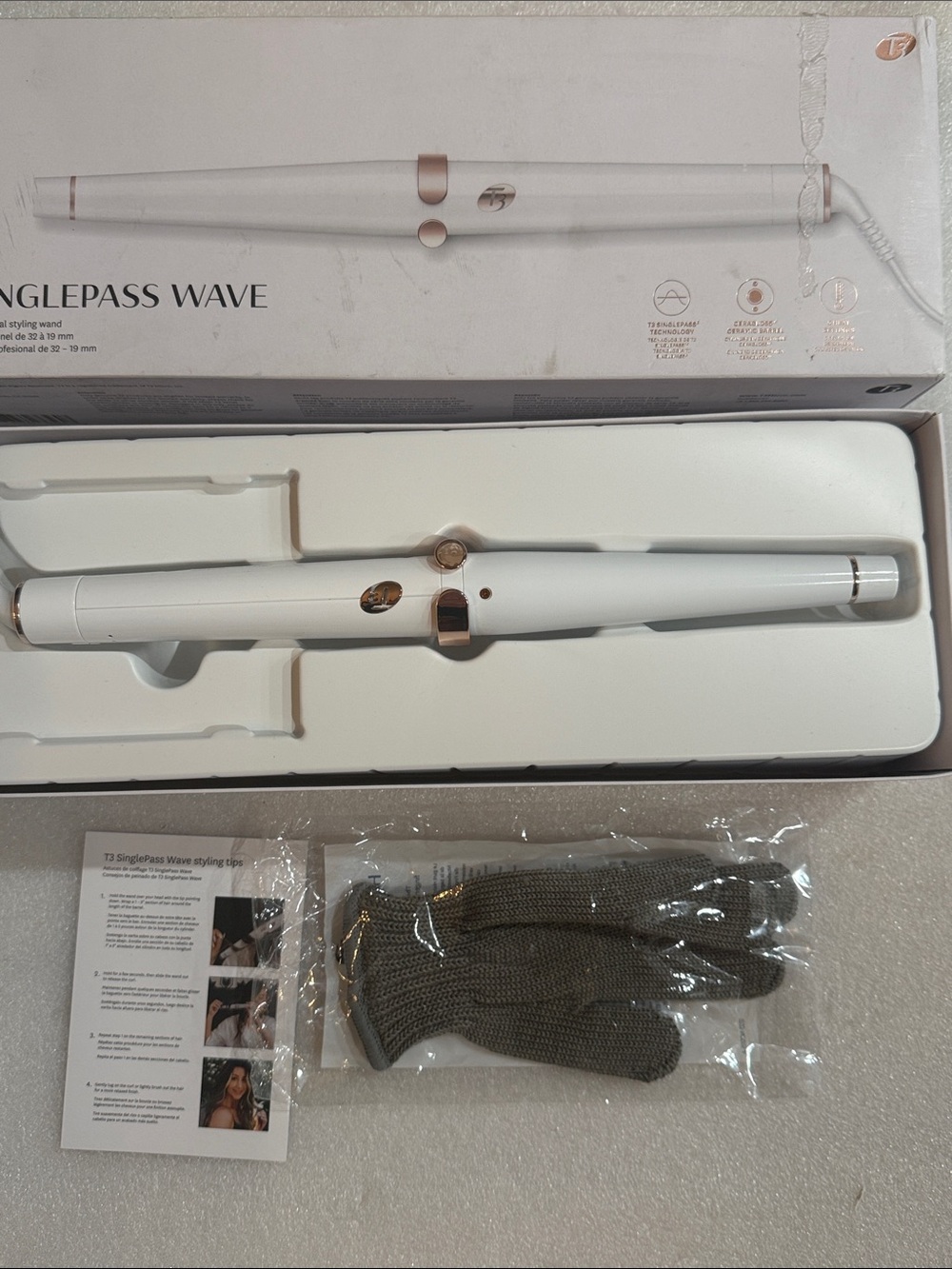 T3 Singlepass Wave Curling Wand, White New